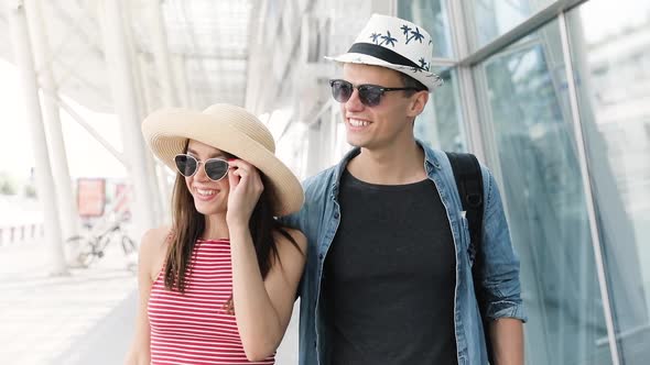 People Traveling. Beautiful Couple Going In Airport For Travel