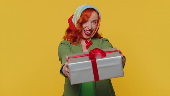 Redhead Ginger Girl Presenting Birthday Gift Box Offer Wrapped Present Career Bonus Celebrating