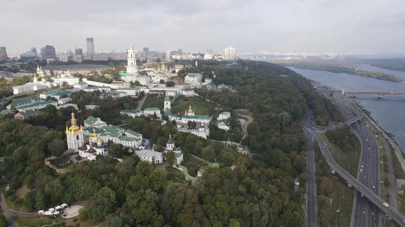 Symbol of Ukraine : Kyiv-Pechersk Lavra. Kiev. Slow Motion Aerial View