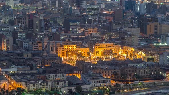 Aerial Top View of Lima Main Square From San Cristobal Hill Day to Night Timelapse Government Palace