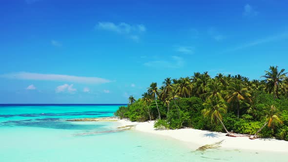 Wide overhead copy space shot of a white sand paradise beach and turquoise sea background in best qu