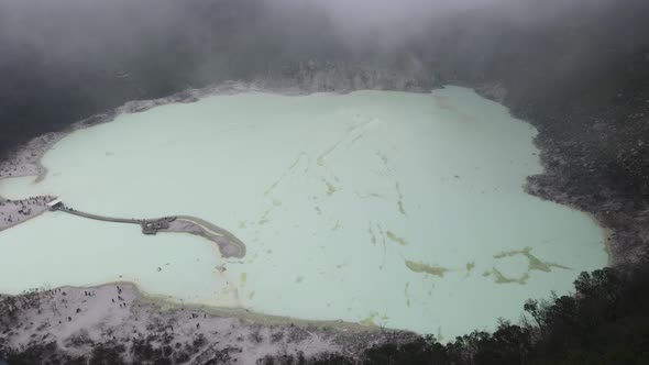 Aerial view of white crater, bandung, Indonesia with foggy weather