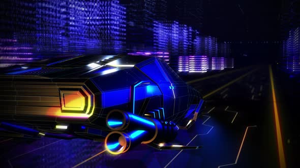 Car From the Future is Quickly Moving on the Golden Circuit Board. 3D Animation