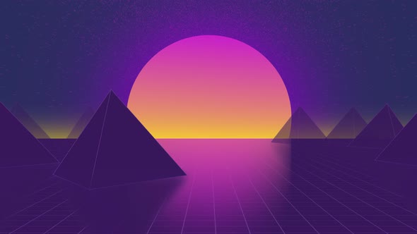 Background with pyramids, retrowave motion design backdrop. Purple gradient sunset. 80s retro
