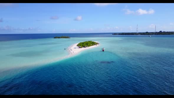 Aerial drone abstract of tranquil resort beach trip by transparent lagoon with white sand background