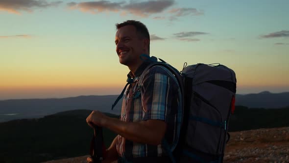 Happy Excited Man Raise Hands and Trekking Poles on Mountain Hike Travel During Sunset Dawn Spbd