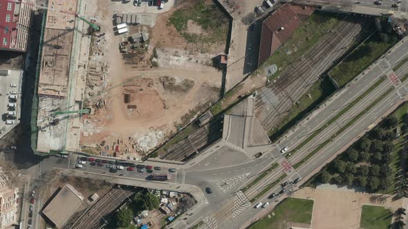 AERIAL: Overhead View of Big Construction Site on European City Barcelona, Spain  alt