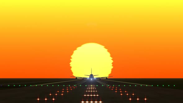 Airplane Departing From Airport Runway Against Sunset or Sunrise