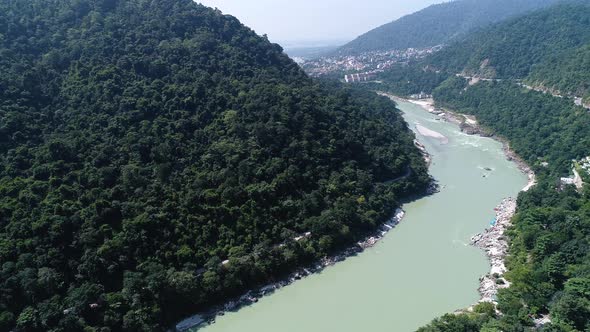 The Ganges river near Rishikesh state of Uttarakhand in India seen from the sky