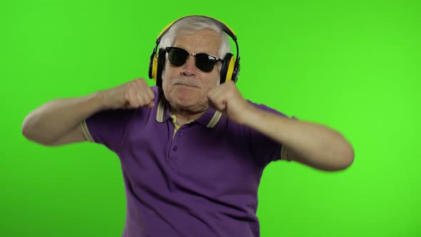 Elderly Senior Caucasian Grandfather Man Tourist Dance, Listen Music. Chroma Key