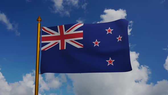 National flag of New Zealand waving with flagpole and blue sky timelapse