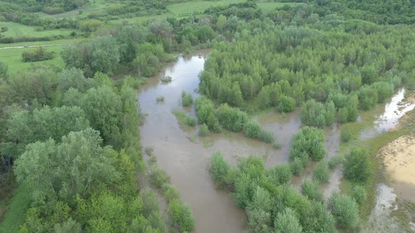 River shifts riverbed and floods forest 4K drone video