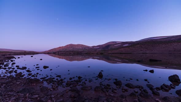 Sunset Time and Pink Blue Venus Belt in Landscape. Milky Way Move Over the Lake in Ardabil Iran Azer