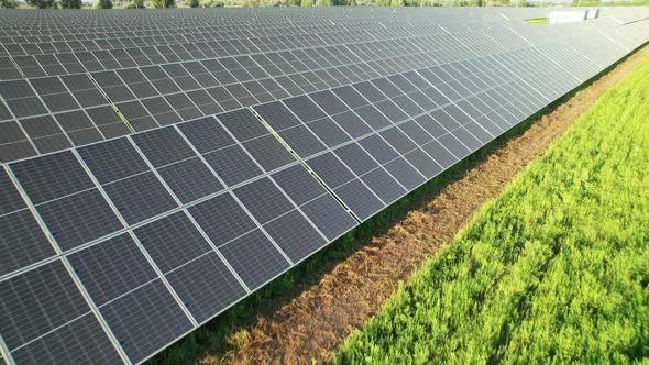 Aerial View Solar Power Station on Green Field at Sunset Solar Panels in Row