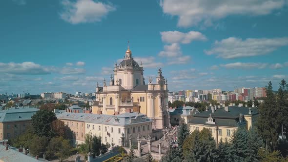Aerial View of St. Jura St. George's Cathedral Church in Town Lviv, Ukraine