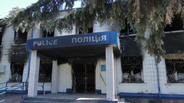 War in Ukraine  the Destroyed and Burned Building of the Police Station in Borodyanka Kyiv Region