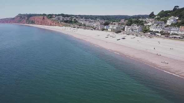 An aerial view of the beautiful pebble beaches of Budleigh Salterton, a small town on the Jurassic C