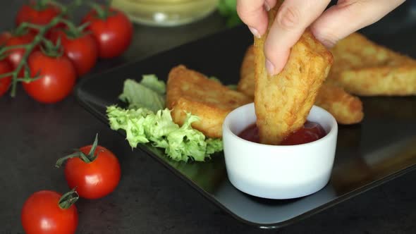 Hand Dips Breaded Potato Hash Brown in Ketchup on Background of Salad with Tomatoes