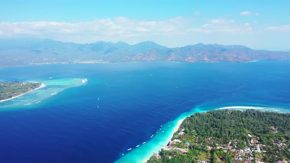 Tropical aerial abstract view of a sunshine white sandy paradise beach and turquoise sea background 