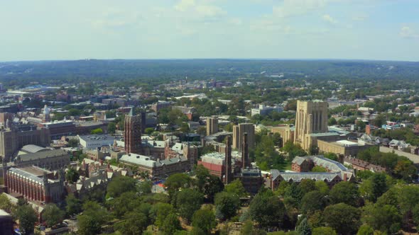 Aerial of Yale University over Grove St Cemetery