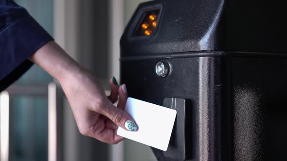 Hand of Young Slim Woman Using Card Entering Business Office Passing Security Entrance in Slow