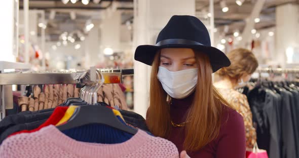 Portrait of Beautiful Woman Wearing Protective Face Mask in Shopping Center