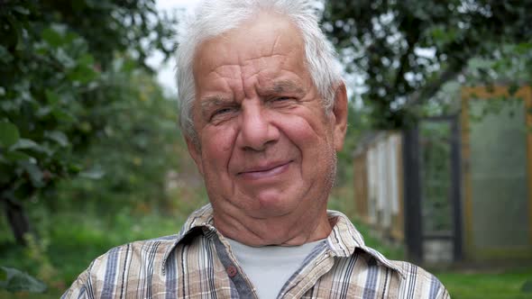 Portrait Of Tanned Elderly Man With Gray Hair Looking At Camera Grinning In Park