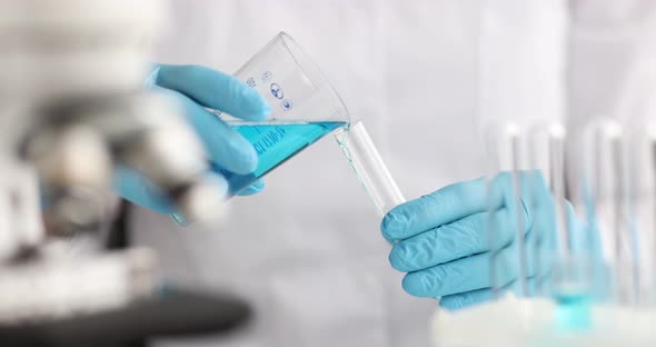 Gloved Chemist Pouring Blue Liquid From Flask Into Test Tube in Laboratory  Movie