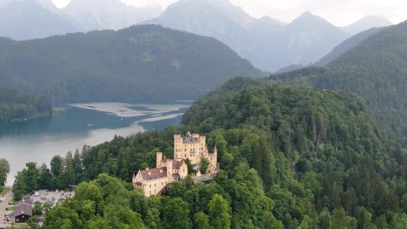 Aerial view of Hohenschwangau castle in Bavaria, Germany, Europe