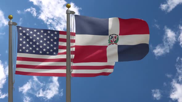 Usa Flag Vs Dominican Republic Flag On Flagpole