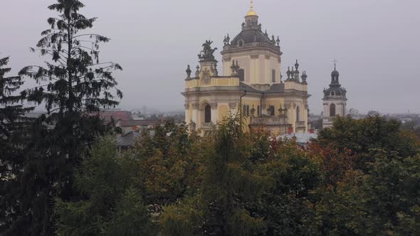 Aerial View of Saint Jura Georges Ukrainian Cathedral Church in Old City Town Lviv Ukraine