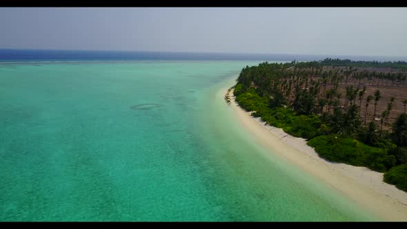 Aerial flying over tourism of paradise island beach time by blue sea with white sandy background of 