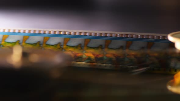 Close Up View of 35Mm Cinema Film in a Movie Theater