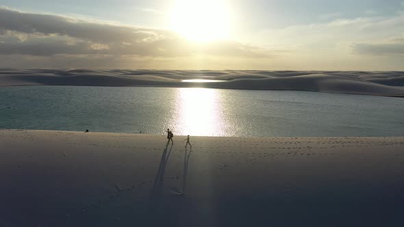 Sunset at Lencois Maranhenses Maranhao. Scenic sand dunes and rainwater lakes