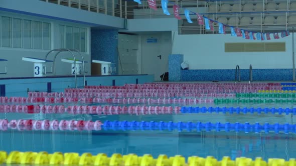 Several Sportsman Swim By Basin Tracks During Training, Slow Motion