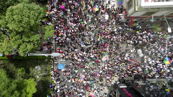 cenital drone shot of crowd at mexico city pride parade