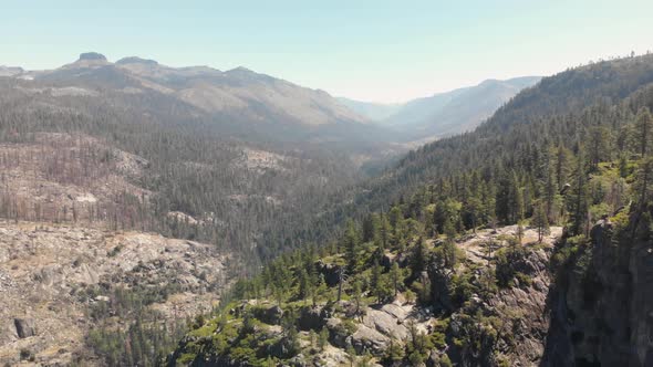 Slow aerial pan of a High Sierra forest and large burned area from the Donnell Fire in California.