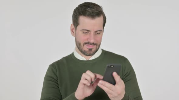 Portrait of Man Using Smartphone White Screen