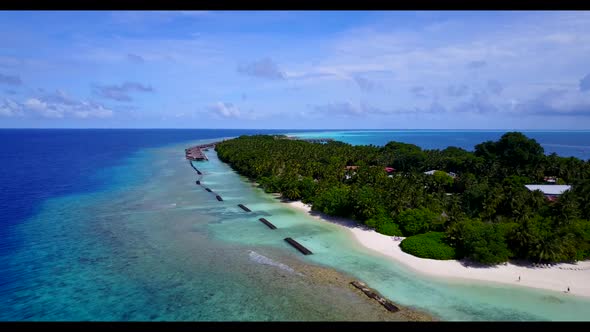 Aerial drone view scenery of relaxing shore beach voyage by transparent lagoon with white sandy back