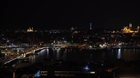 Aerial View of Panning Istanbul Cityscape at Night Time