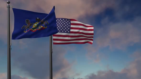 Pennsylvania State Flag Waving Along With The National Flag Of The USA - 2K