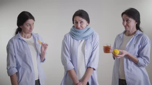 Portrait of Ill Caucasian Woman Choosing Between Traditional and Alternative Medicine. Triple Image