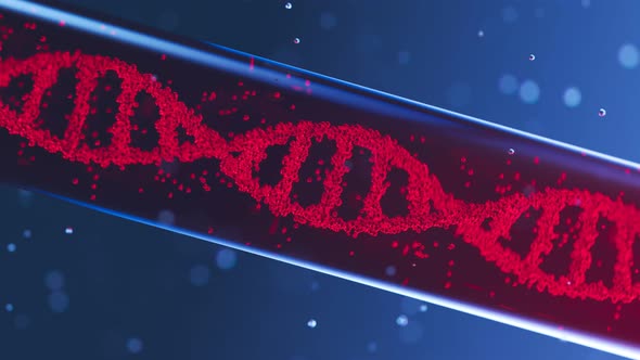 Isolated glass test tube with blood and rotating DNA double helix. Biotechnology