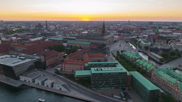 Aerial Hyperlapse Shot of Complex of Historic Buildings of Royal Library and Christiansborg Palace