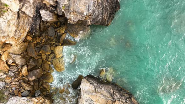 Awesome azure sea rocky texture aerial view 4 K Turkey Alanya