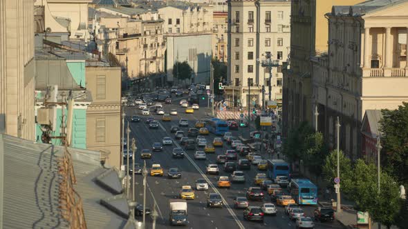 Cars are in a Traffic Jam on Tverskaya Street During the Day