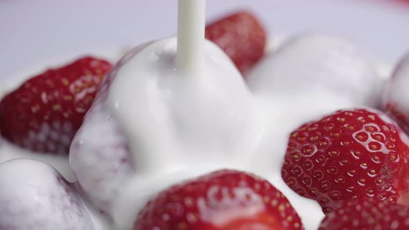 Pouring Cream or Yogurt Over Juicy Fresh Strawberries