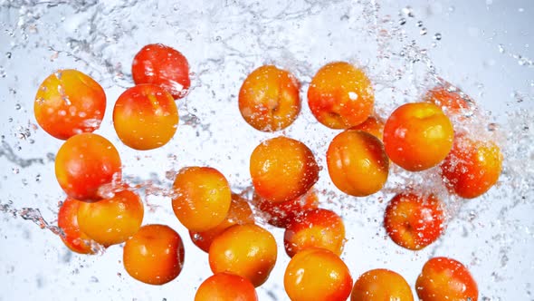 Super Slow Motion Shot of Flying Fresh Apricots and Water Side Splash at 1000 Fps