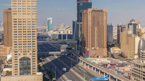 Skyline Internet City with Crossing Sheikh Zayed Road Aerial Timelapse