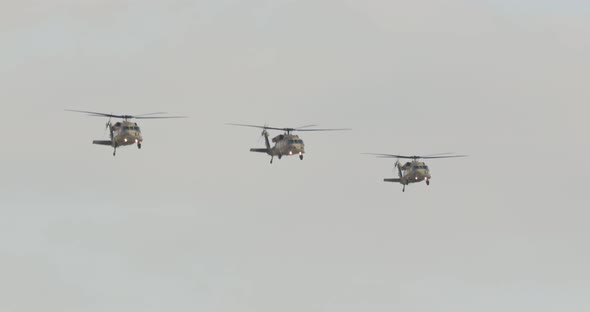 Military helicopters flying in formation